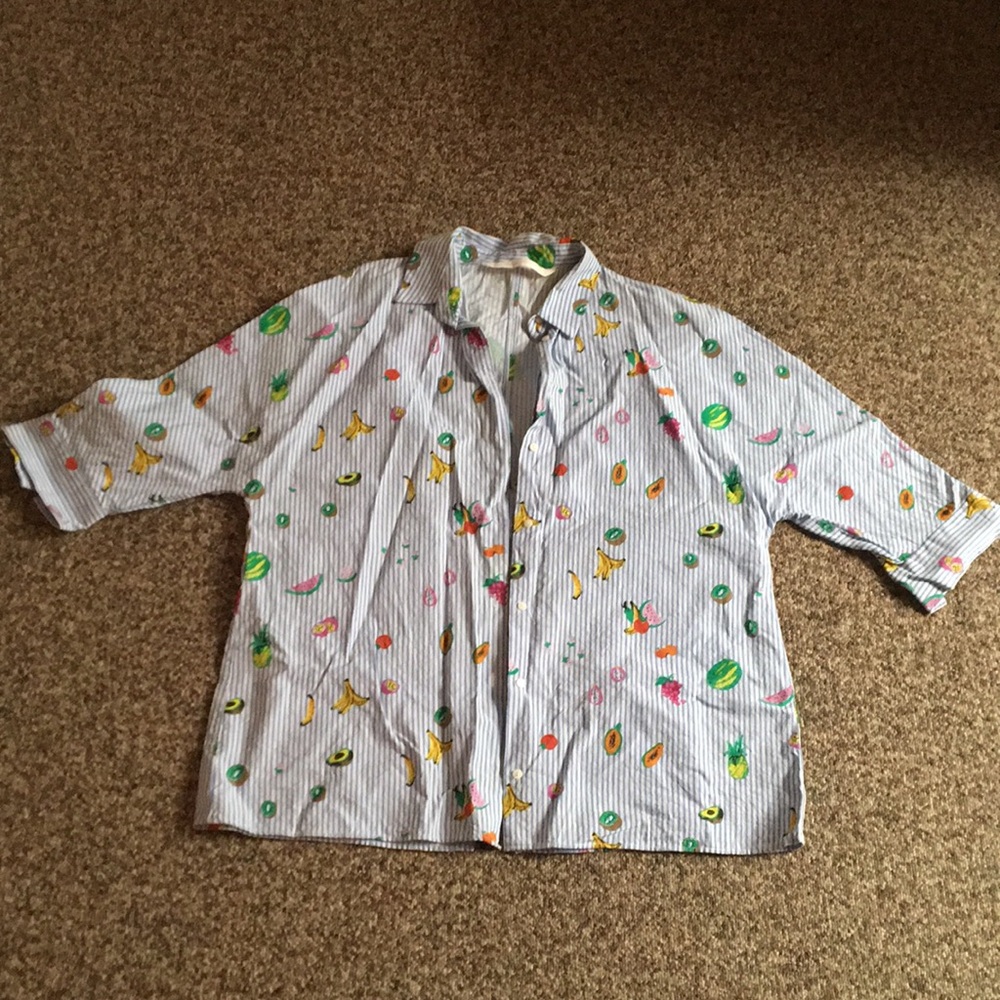 ZARA Blue White Fruit Print Oversized Cotton Shirt XS